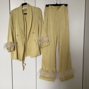 Chic Yellow Feather-Trimmed Suit Set